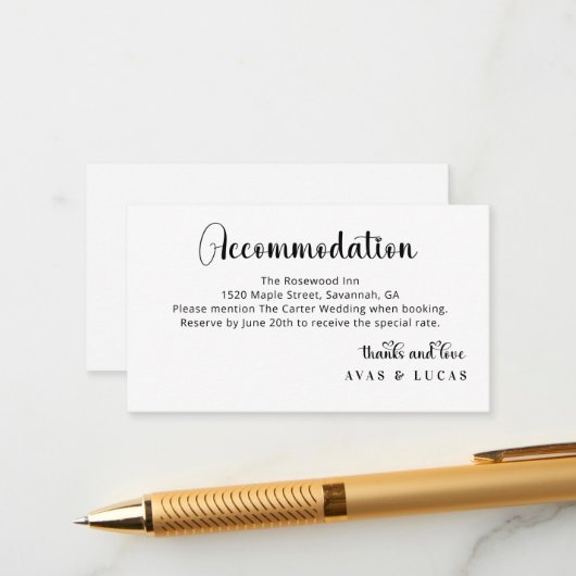 Elegant Calligraphy Script Wedding Accommodations Informatiekaartje (Voorkant / Achterkant in situ)