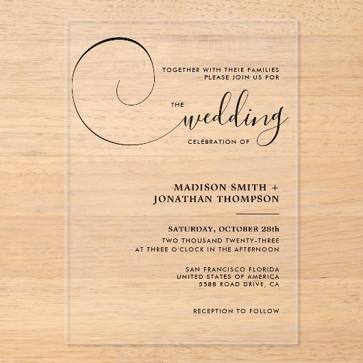 Elegant Calligraphy Script Wedding Acryl Uitnodigingen (Voorkant)