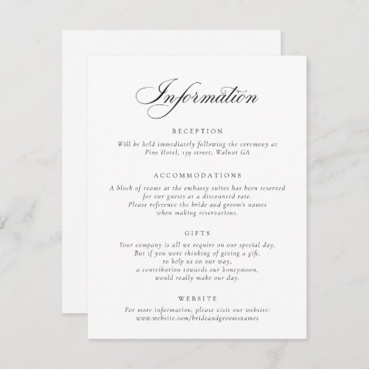 Elegant Calligraphy Script Wedding Information Inv Kaart (Voorkant / Achterkant)