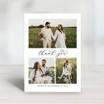Elegant Calligraphy Script Weduwfoto Collage Bedankkaart<br><div class="desc">De gevouwen verticale bruiloft bedankt u fotokaarten hebben elegant en stijlvol "Dank u"manuscript, een monogram van de namen van de bruid en groom koppels, samen met een eenvoudige collage van 3 foto's op de voorzijde. De ruimte voor een extra foto en een douane danken u bericht dat kan worden gepersonaliseerd...</div>