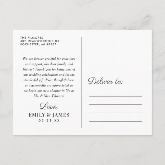 Elegant Calligraphy Script Weduwfoto Hartelijk dan Briefkaart (Achterkant)