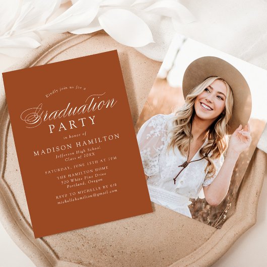 Elegant Calligraphy Terracotta Graduation Party Kaart