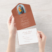 Elegant Calligraphy Terracotta Photo RSVP Wedding All In One Uitnodiging (Afscheurbaar)