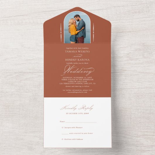Elegant Calligraphy Terracotta Photo RSVP Wedding All In One Uitnodiging (Binnen)