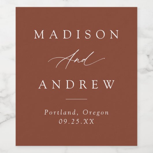 Elegant Calligraphy Terracotta Wedding Wijn Etiket (Enkel label)