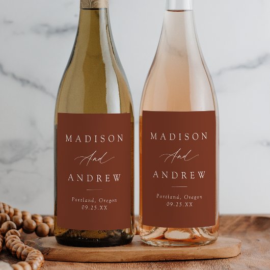 Elegant Calligraphy Terracotta Wedding Wijn Etiket