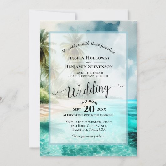 Elegant Calligraphy Tropical Beach QR Code Wedding Kaart (Voorkant)