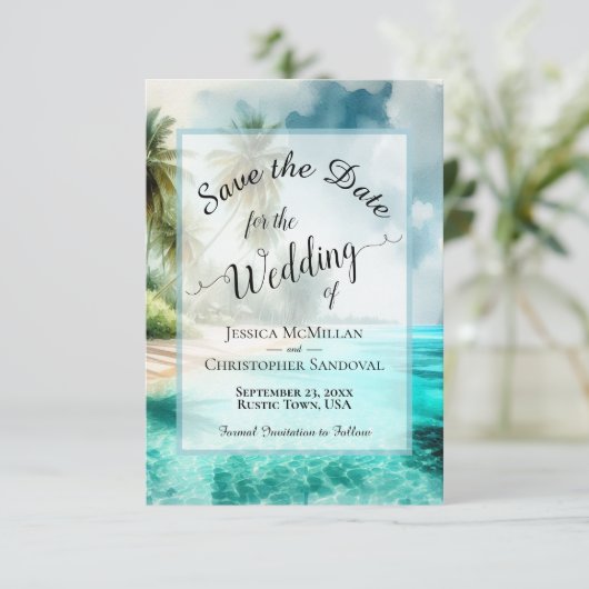 Elegant Calligraphy Tropical Beach Wedding Save The Date (Staand voorkant)