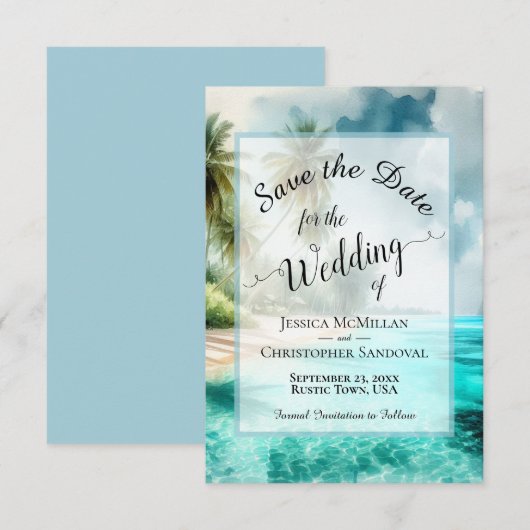 Elegant Calligraphy Tropical Beach Wedding Save The Date (Voorkant / Achterkant)