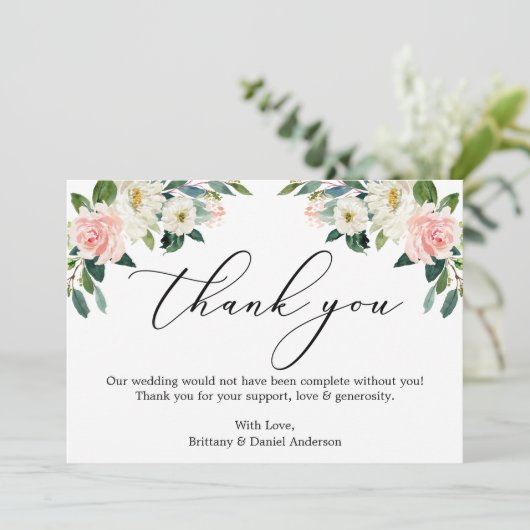 Elegant Calligraphy Waterverf Pink White Floral Bedankkaart (Staand voorkant)