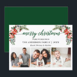 Elegant Calligraphy Waterverf Winter Floral Green Feestdagenkaart<br><div class="desc">Moderne kalligrafie script. De Elegant Winter Floral 3 Foto Merry Kerstmis Kaart bevat prachtige rode waterverf punsettias,  botanische groen,  winterbladeren,  holbessen,  witte rozen,  katoen,  pijnboompitten en blauwe bessen. Groen terug.</div>