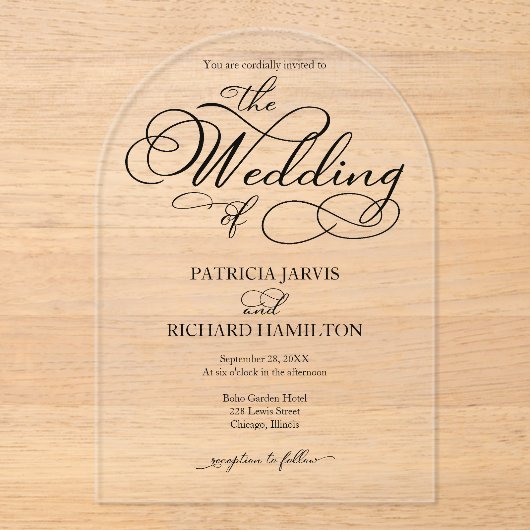 Elegant Calligraphy Wedding Acryl Uitnodigingen (Voorkant)