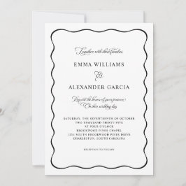Elegant Calligraphy Wedding Black Wavy Border Kaart