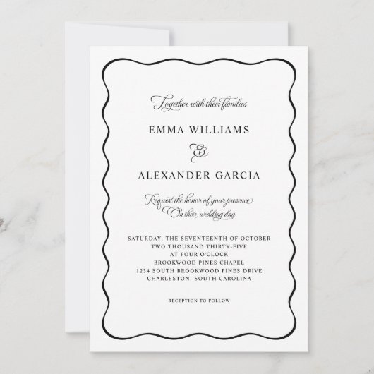Elegant Calligraphy Wedding Black Wavy Border Kaart (Voorkant)