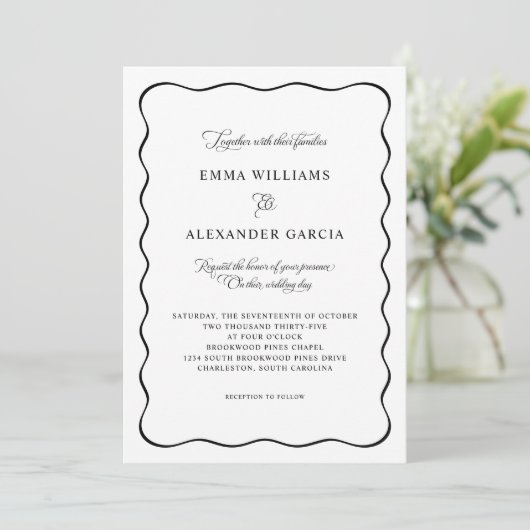 Elegant Calligraphy Wedding Black Wavy Border Kaart (Staand voorkant)