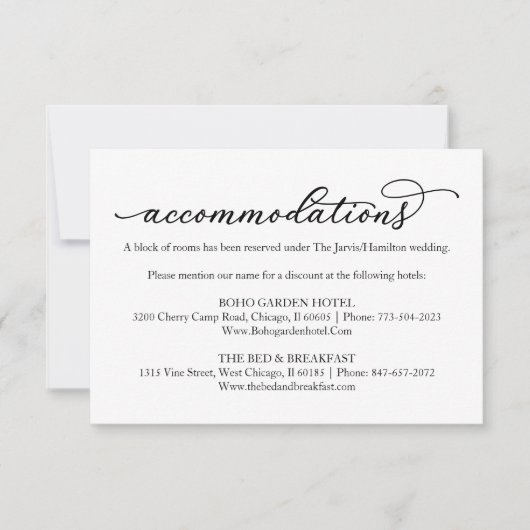 Elegant Calligraphy Wedding Hotel Accommodations RSVP Kaartje (Voorkant)