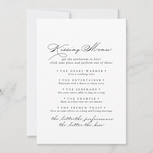 Elegant Calligraphy Wedding Kissing Menu Game Kaar (Voorkant)