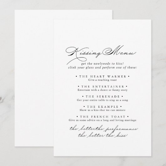 Elegant Calligraphy Wedding Kissing Menu Game Kaar (Voorkant / Achterkant)
