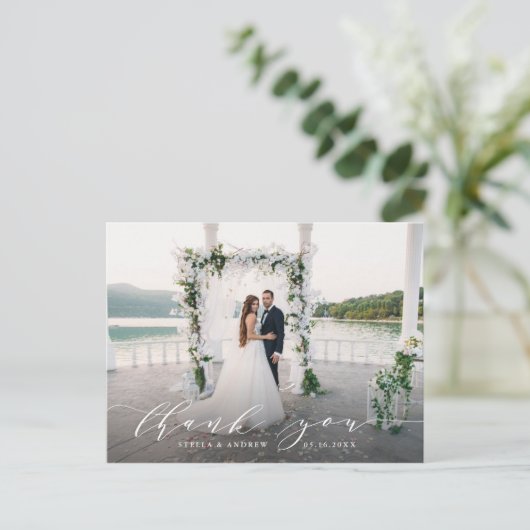 Elegant Calligraphy Wedding Photo Hartelijk dank Briefkaart (Staand voorkant)