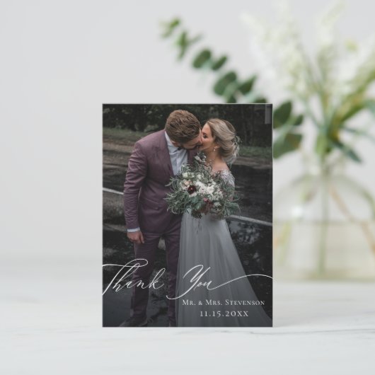 Elegant Calligraphy Wedding Photo Hartelijk dank Briefkaart (Staand voorkant)
