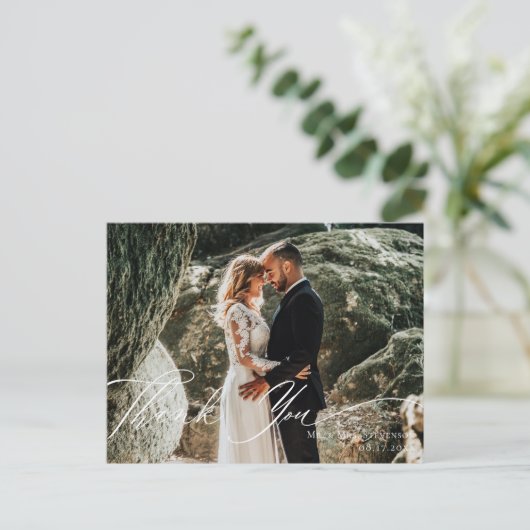 Elegant Calligraphy Wedding Photo Hartelijk dank Briefkaart (Staand voorkant)