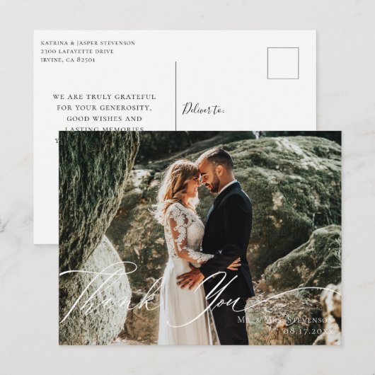 Elegant Calligraphy Wedding Photo Hartelijk dank Briefkaart (Voorkant / Achterkant)