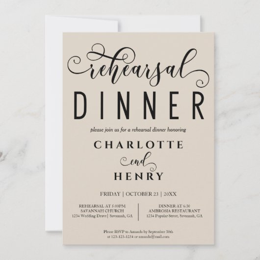 Elegant Calligraphy Wedding Rehearsal Dinner Kaart (Voorkant)