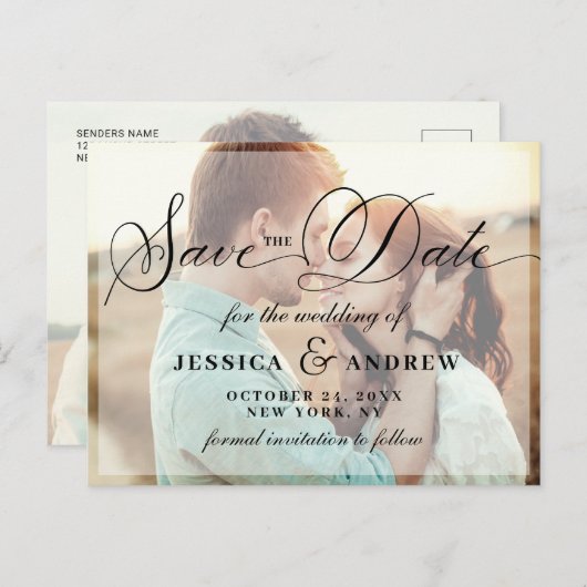 Elegant Calligraphy Wedding Save the Date 2 PHOTO Aankondigingskaart (Voorkant / Achterkant)