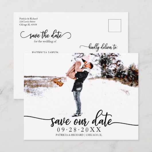 Elegant Calligraphy Wedding Save the Date Photo Briefkaart (Voorkant / Achterkant)