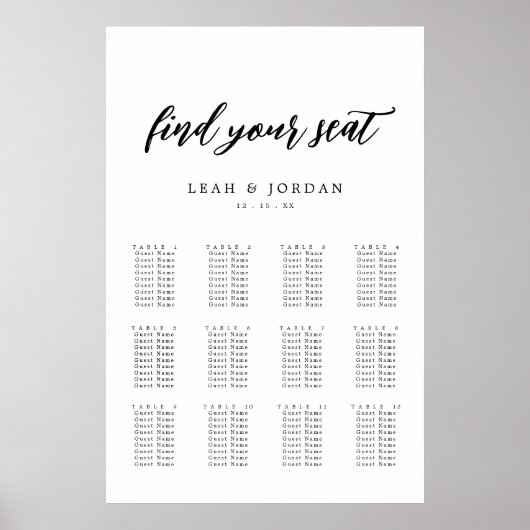 Elegant Calligraphy Wedding Seating Chart Poster (Voorkant)