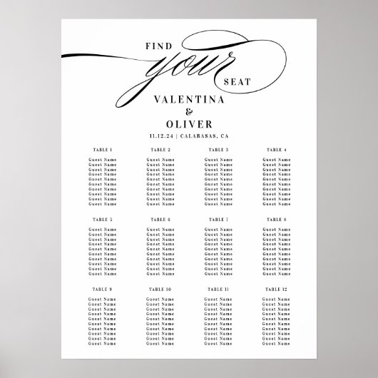Elegant Calligraphy Wedding Seating Chart Poster (Voorkant)