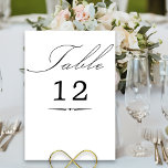 Elegant Calligraphy White Wedding Kaart<br><div class="desc">Witte trouwtafel nummerkaart met elegante kalligrafie en bewerkbaar tafelnummer. Eenvoudig zwart-wit, modern minimalistisch ontwerp dat bij uw trouwkleuren past. De tabel is geschreven in een handgeschreven script en de sjabloon is klaar om het tabelnummer te bewerken. Coördinerende uitnodigingen, briefpapier en de inrichting van de dag van het evenement zijn te...</div>