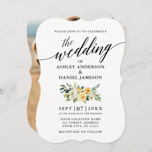 Elegant Calligraphy Yellow Floral Photo Wedding Kaart (Voorkant / Achterkant)