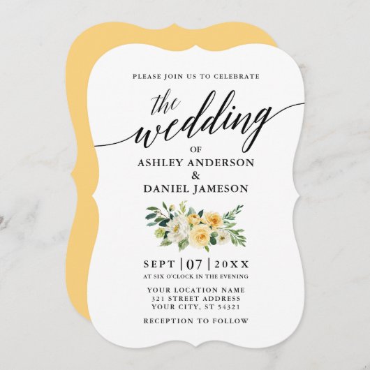 Elegant Calligraphy Yellow Floral Wedding Kaart (Voorkant / Achterkant)