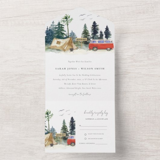 Elegant Camping Waterverf Pine Forest Wedding All In One Uitnodiging (Binnen)