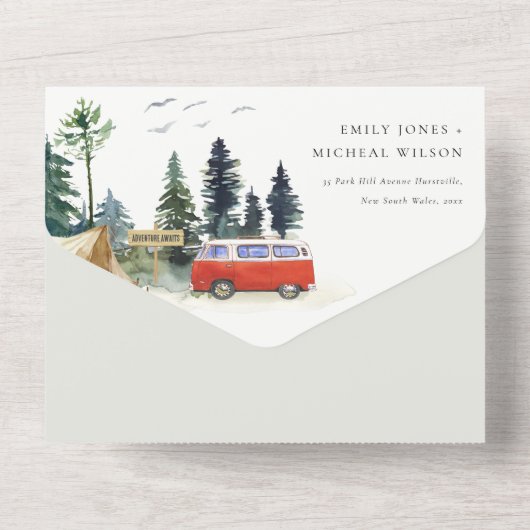 Elegant Camping Waterverf Pine Forest Wedding All In One Uitnodiging (Achterkant)