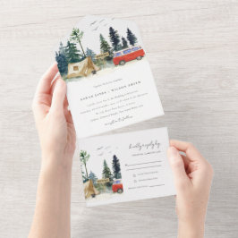 Elegant Camping Waterverf Pine Forest Wedding All In One Uitnodiging