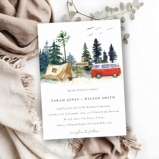 Elegant Camping Waterverf Pine Forest Wedding Kaart