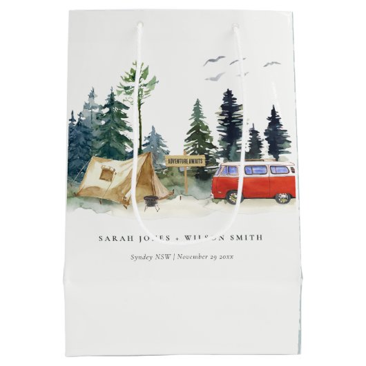Elegant Camping Waterverf Pine Forest Wedding Medium Cadeauzakje (Achterkant)