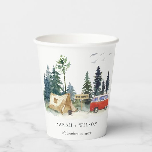 Elegant Camping Waterverf Pine Forest Wedding Papieren Bekers (Achterkant)
