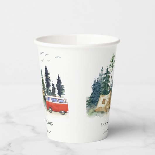 Elegant Camping Waterverf Pine Forest Wedding Papieren Bekers (Links)