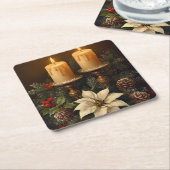 Elegant candle Christmas holly pine warm festive  Kartonnen Onderzetters (Schuin)