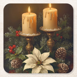 Elegant candle Christmas holly pine warm festive  Kartonnen Onderzetters