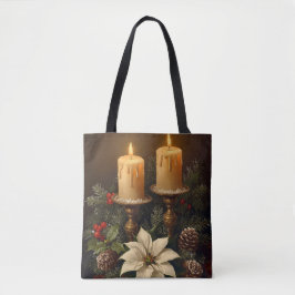 Elegant candle holly pine warm festive christmas tote bag