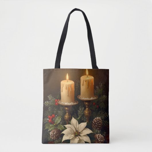 Elegant candle holly pine warm festive christmas tote bag (Voorkant)