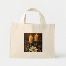 Elegant candle  holly pine warm rustic christmas mini tote bag