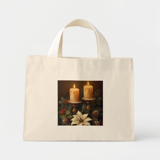 Elegant candle  holly pine warm rustic christmas mini tote bag (Voorkant)