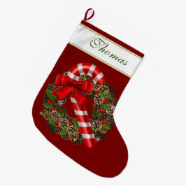 Elegant Candy Cane Red Ribbon Custom Monogram Grote Kerstsok