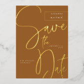 Elegant Caramel Brown Calligrafie bespaart de datu Folie Uitnodiging (Voorkant)