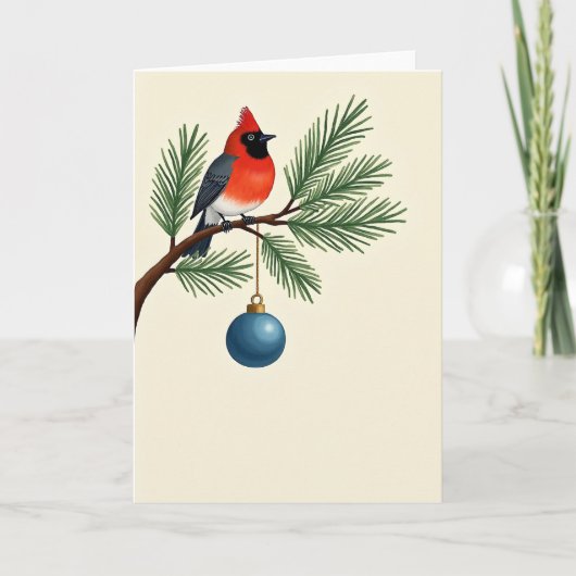 Elegant Cardinal Bird Christmas Card Pine Branch Kaart (Voorkant)